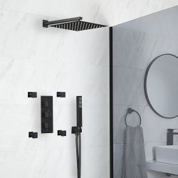 Douchesysteem Thermostatisch Zwart met 3-Weg Douchekraan met Omstel, 30cm Vierkante Douchekop, Handdouche en 4 Zijdouches | Preto