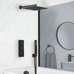 Douche en Bad Systeem Thermostatisch Zwart met 3-Weg Douchekraan met Omstel, 30cm Vierkante Douchekop, Handdouche en Overloop-Badvuller | Preto