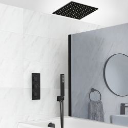 Douche en Bad Systeem Thermostatisch Zwart met 3-Weg Douchekraan met Omstel, 40cm Vierkante Plafond Douchekop, Handdouche en Overloop-Badvuller | Preto