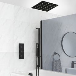 Douche en Bad Systeem Thermostatisch Zwart met 3-Weg Douchekraan met Omstel, 40cm Vierkante Plafond Douchekop, Handdouche met Glijstang en Overloop-Badvuller | Preto