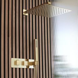 Douchekraan Thermostatisch 2-Weg met Omstel , 30cm Douchekop en Handdouche - Satijn Goud | Lyra