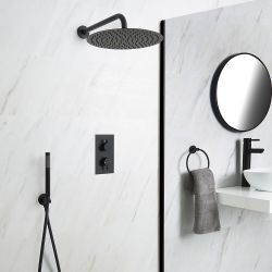 Doucheset - Douchekraan Thermostatisch Inbouw 2-Weg met Omstel met 30cm Ronde Douchekop en Handdouche Mat Zwart | Nox