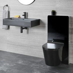Hangende Wastafel Rechthoekig 75cm x 42cm en Hangend Toilet met Stortbak en Ombouw Zwart | Nox