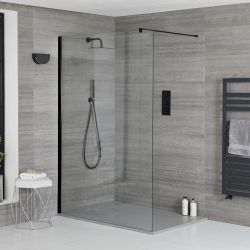 Inloopdouche 1 Vaste Wand Zwart Profiel | Keuze Afmeting en Afwerking Steeneffect Douchebak | Nox