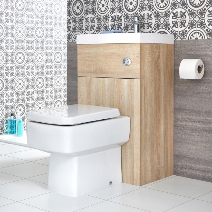 Toilet Staand Keramisch Vierkant Wit, Stortbak en Ombouw met Geïntegreerde Wastafel Eiken | Cluo