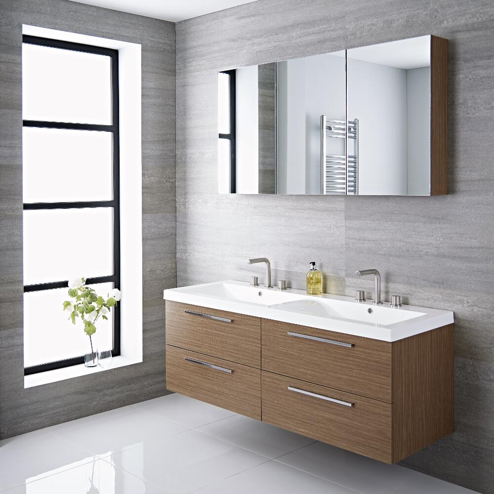 Langley 144 x 51 x 55cm 2 -persoons Hangend Wastafelmeubel met Polymarmer Wasbak - Eiken