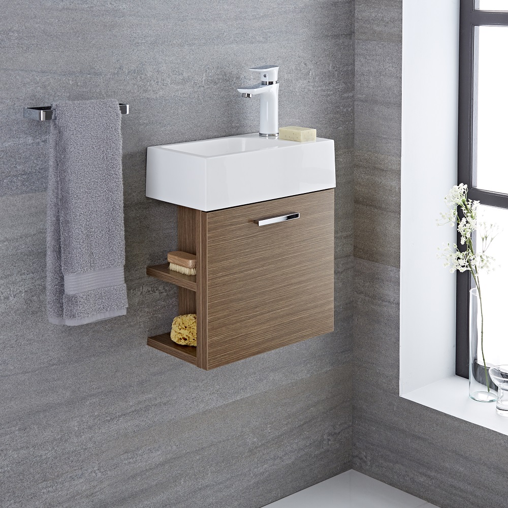 Langley 40 x 22 x 46,5cm Hangend Wastafelmeubel met Polymarmer Wasbak - Eiken