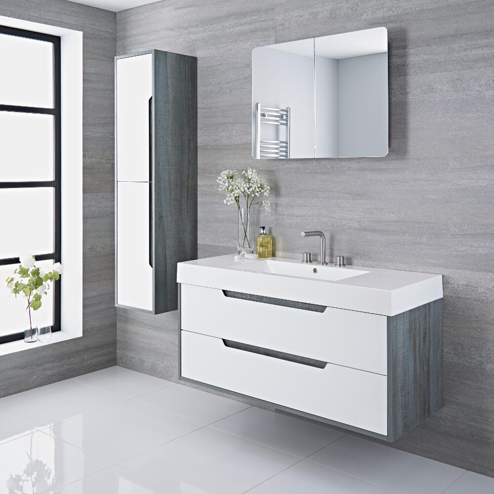 Newport 120 x 50 x 60 cm Hangend Wastafelmeubel met Polymarmer Wasbak - Grijs / Wit Hoogglans