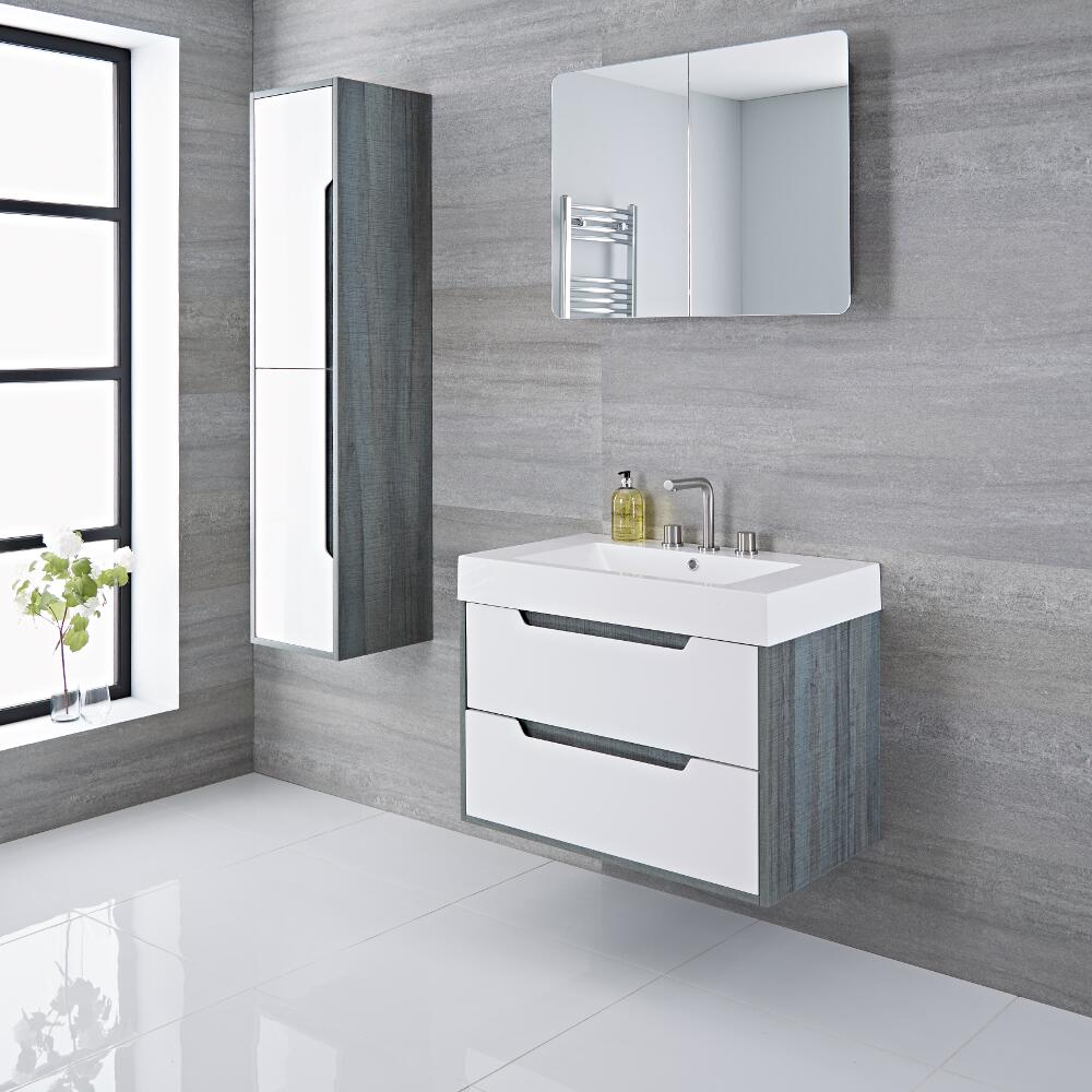 Newport 80 x 50 x 60 cm Hangend Wastafelmeubel met Polymarmer Wasbak - Grijs / Wit Hoogglans