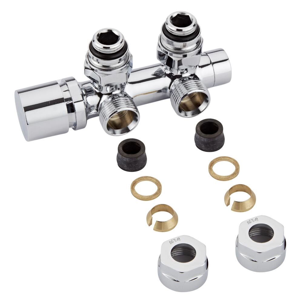 H-Blok 2-pijps Radiatorkraan Haaks 3/4'' Mannelijk Chroom 15mm Koperen Adapter
