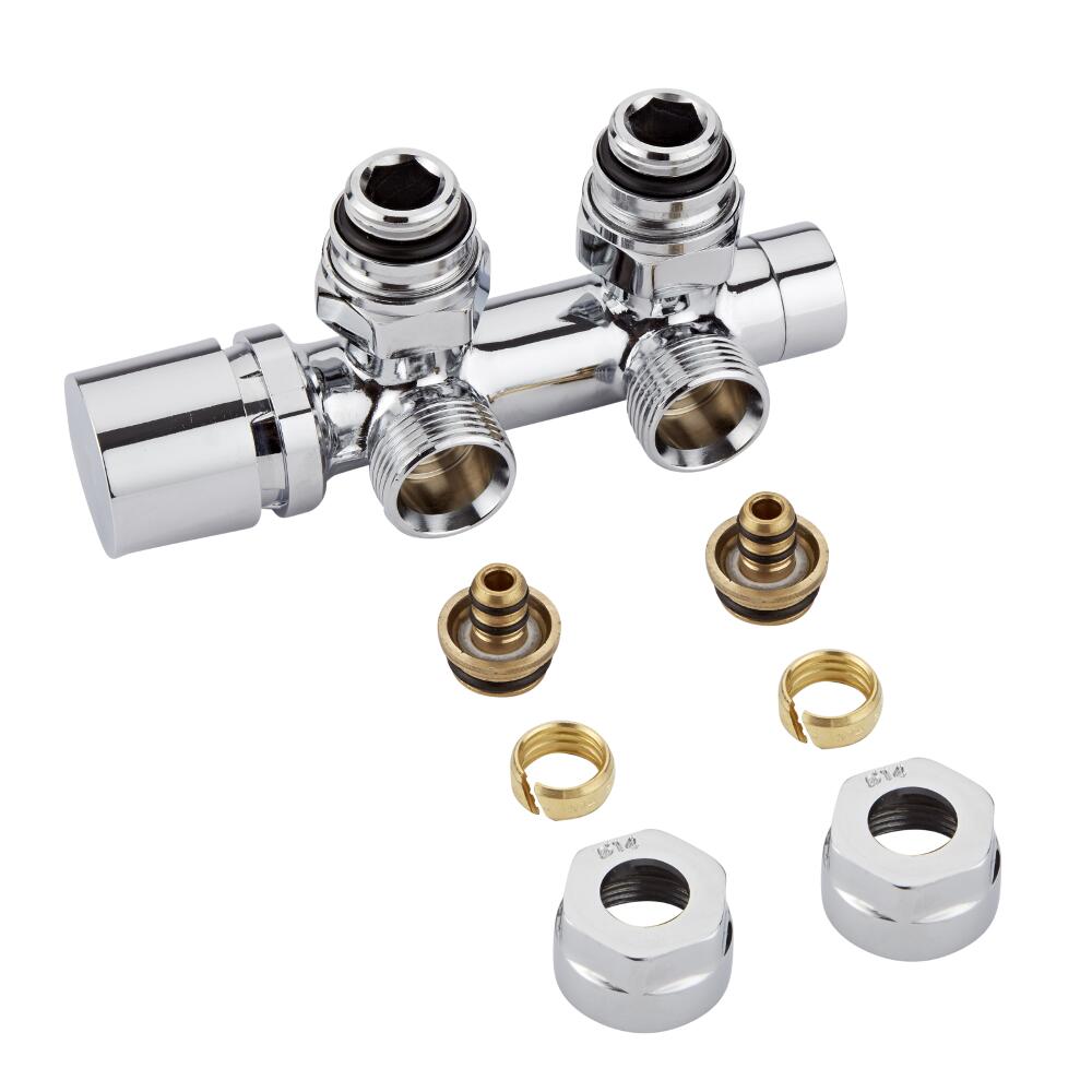 H-Blok 2-pijps Radiatorkraan Haaks 3/4'' Mannelijk Chroom 14mm Meerlagenbuis Adapter
