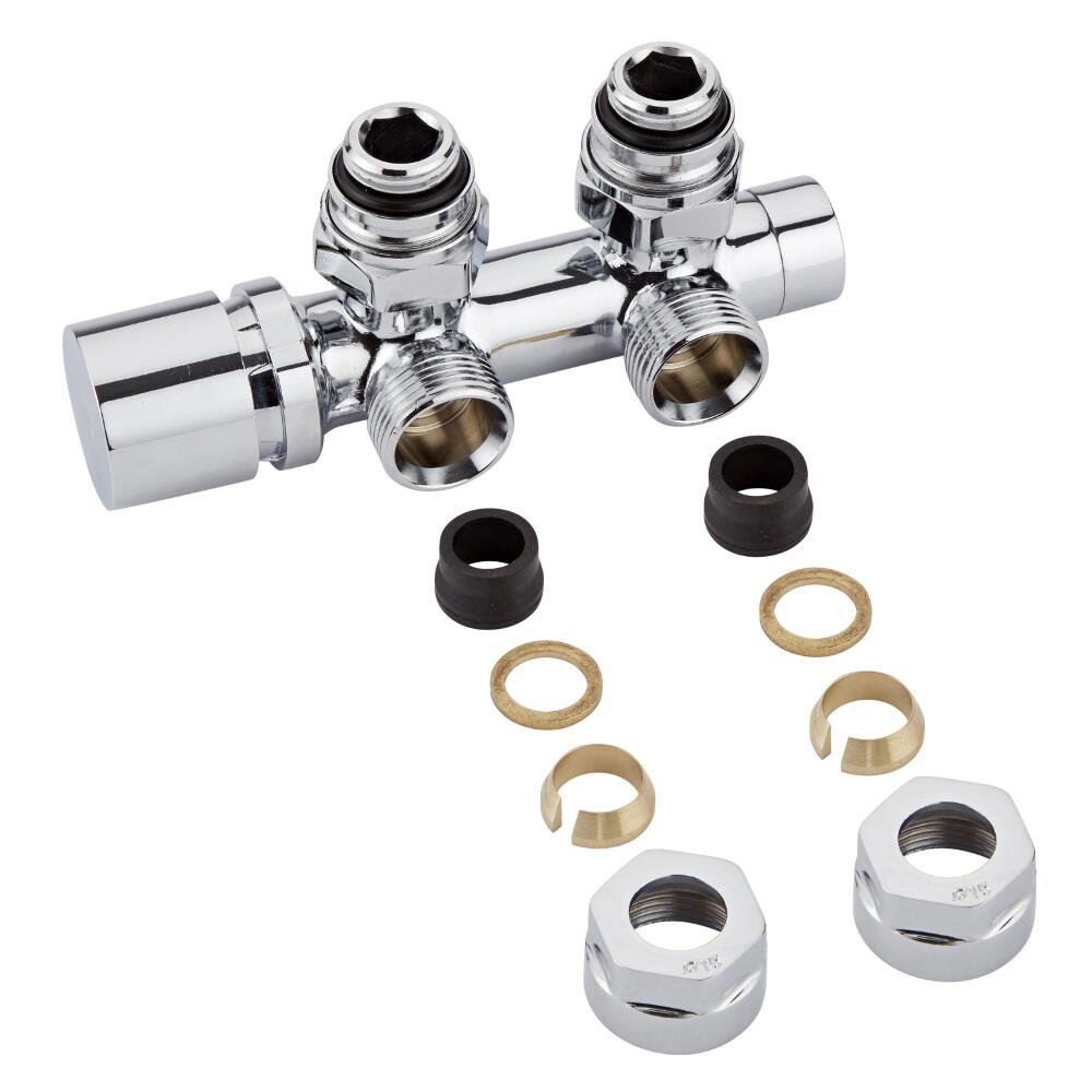 H-Blok 2-pijps Radiatorkraan Haaks 3/4'' Mannelijk Chroom 15mm Koperen Adapter