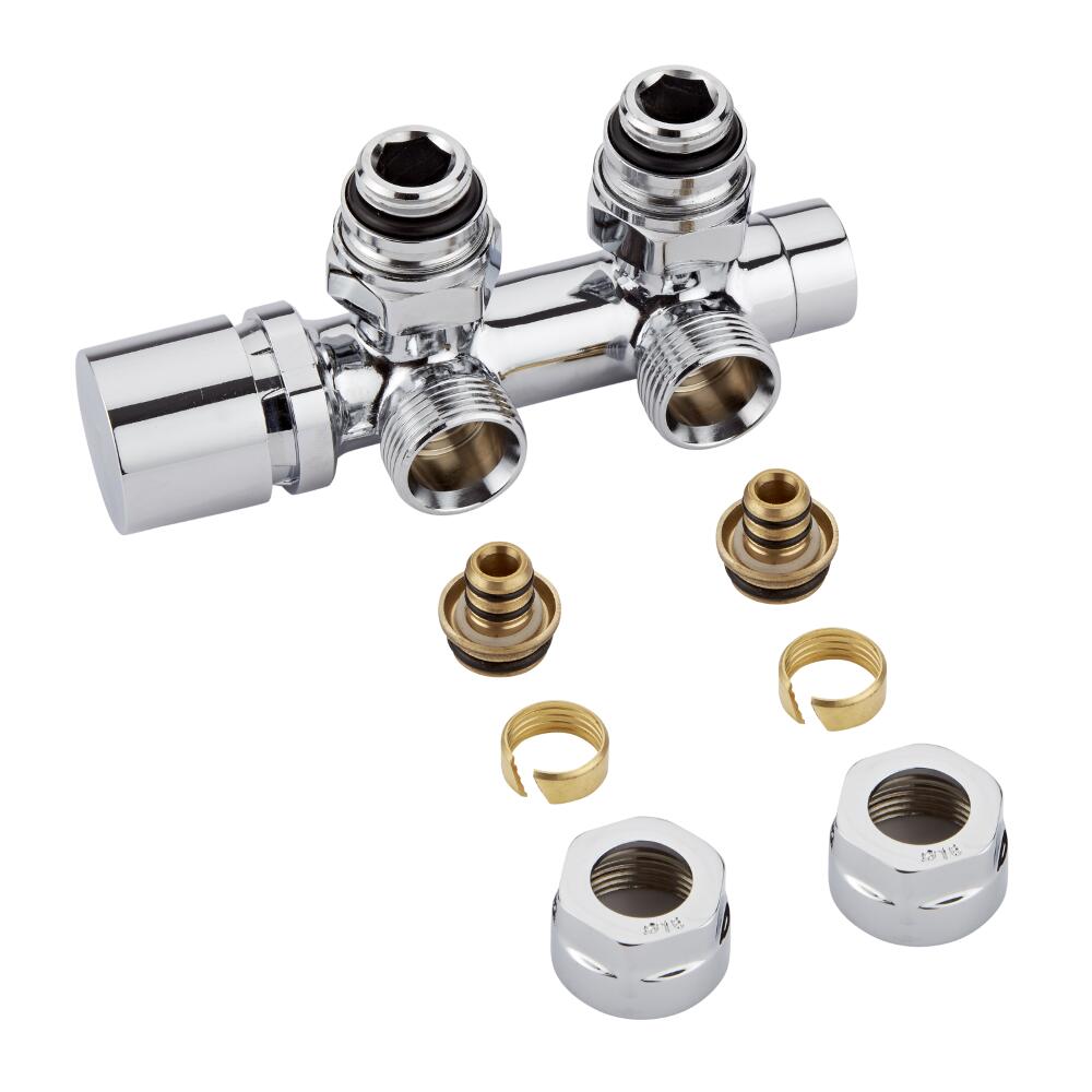 H-Blok 2-pijps Radiatorkraan Haaks 3/4'' Mannelijk Chroom 15mm Meerlagenbuis Adapter