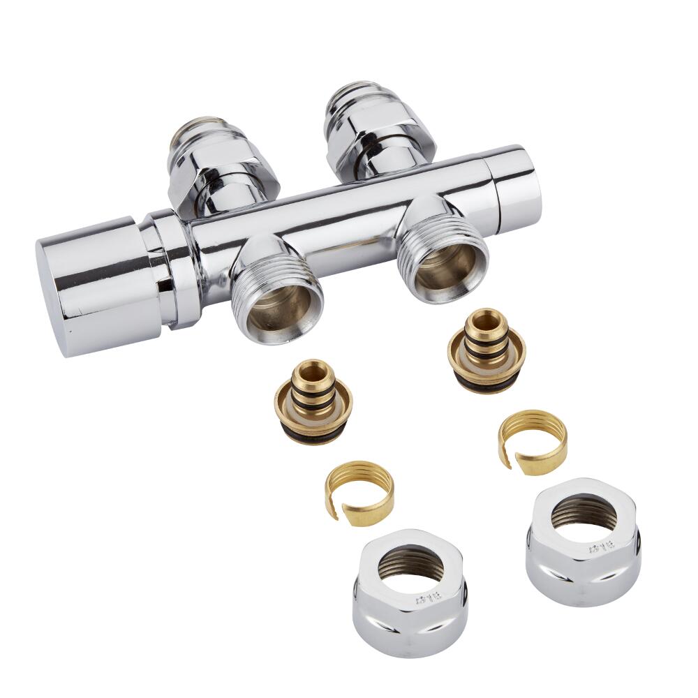 H-Blok 2-pijps Radiatorkraan Recht 3/4'' Mannelijk Chroom 16mm Meerlagenbuis Adapter