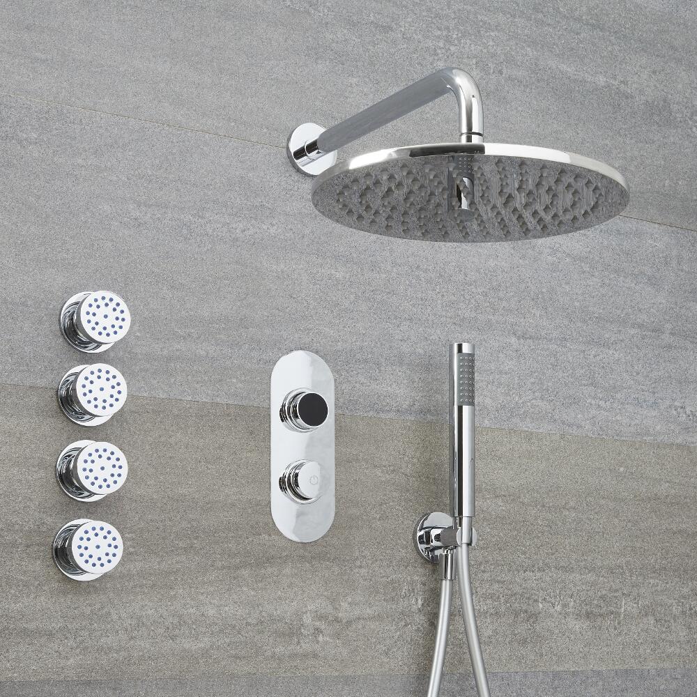 Narus - 3-weg Digitale Thermostaatkraan + d.30cm Douchekop Muurbevestiging + Handdouchecombi & Bodyjets