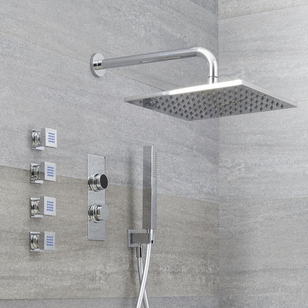 Narus - 3-weg Digitale Thermostaatkraan + 30 x 30cm Douchekop Muurbevestiging + Handdouchecombi & Bodyjets