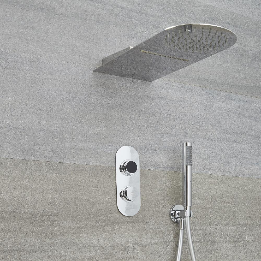Narus - 3-weg Digitale Thermostaatkraan + Regen en Waterval Douchekop Vierkant & Handdouche Combi