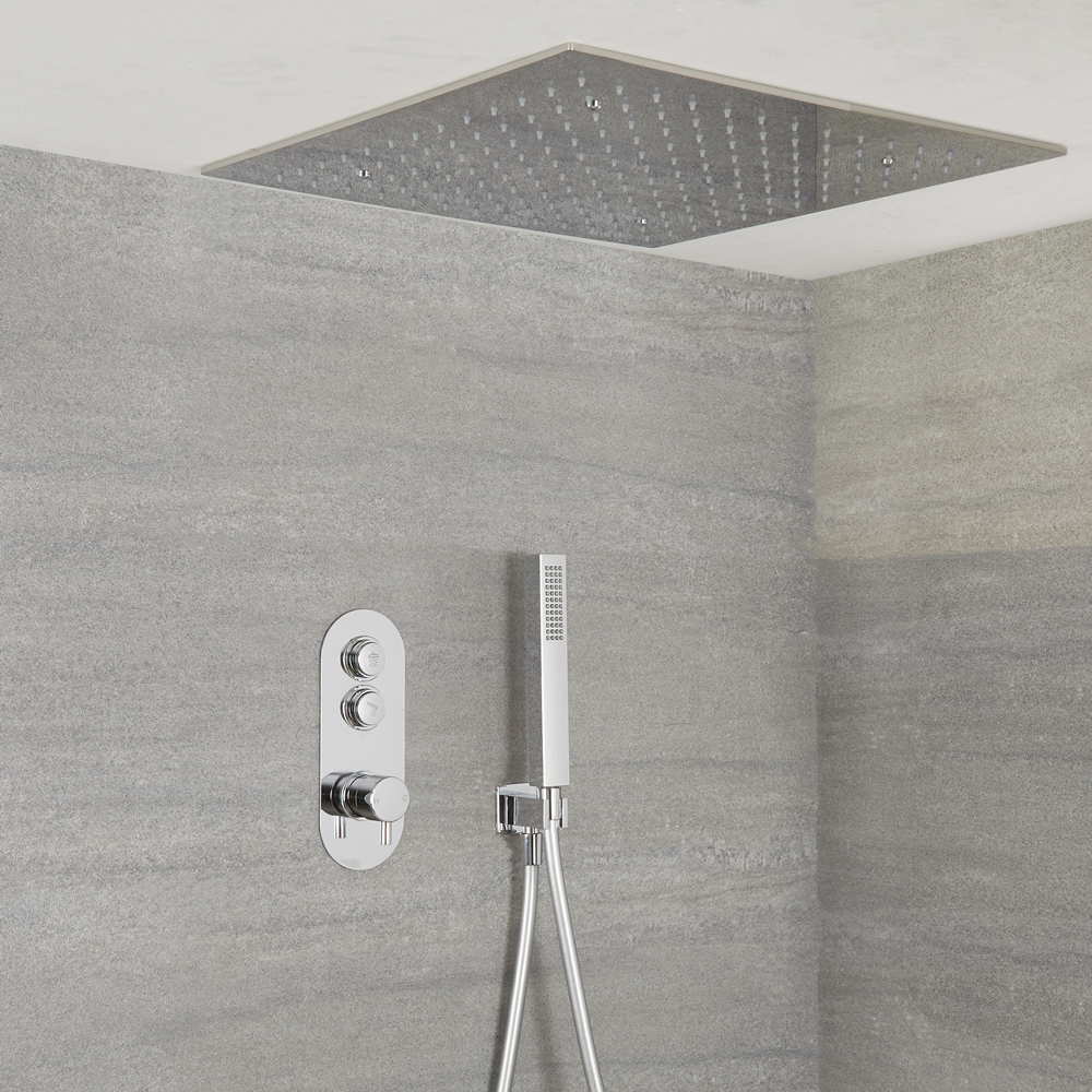 Idro 2-weg Thermostatische Drukknop Douche Handouche Combi & 50cm Verzonken Vierkante Regendouchekop