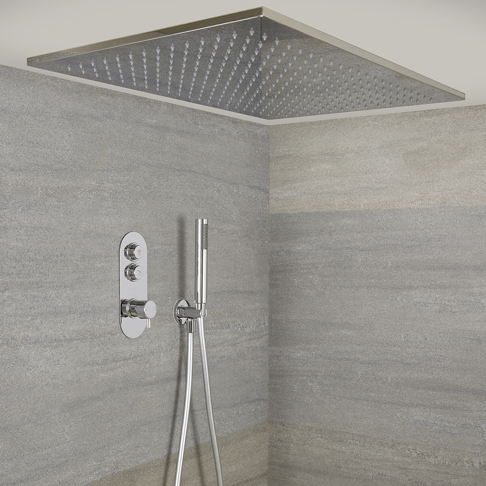 Idro 2-weg Thermostatische Drukknop Douchekraan Handouche Combi & 80cm Verzonken Plafond Douchekop