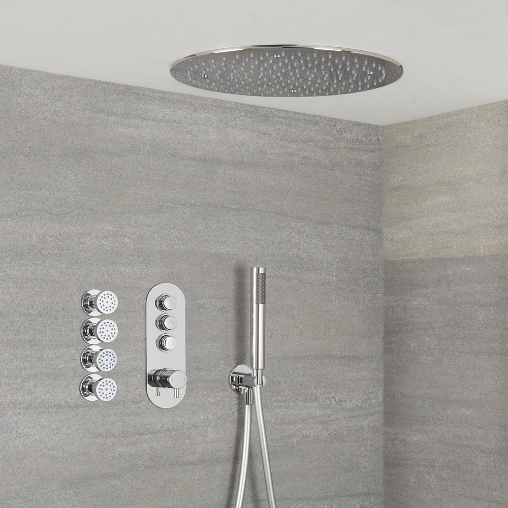 Idro 3-weg Thermostatische Drukknop Douchekraan Handdouchecombi & d.40cm Verzonken Plafond Douchekop & Bodyjets