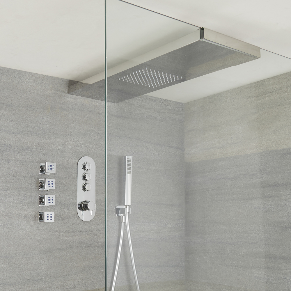 Idro 3-weg Thermostatische Drukknop Douchekraan Handdouchecombi & 80cm Douchehemel& 4 x Bodyjets