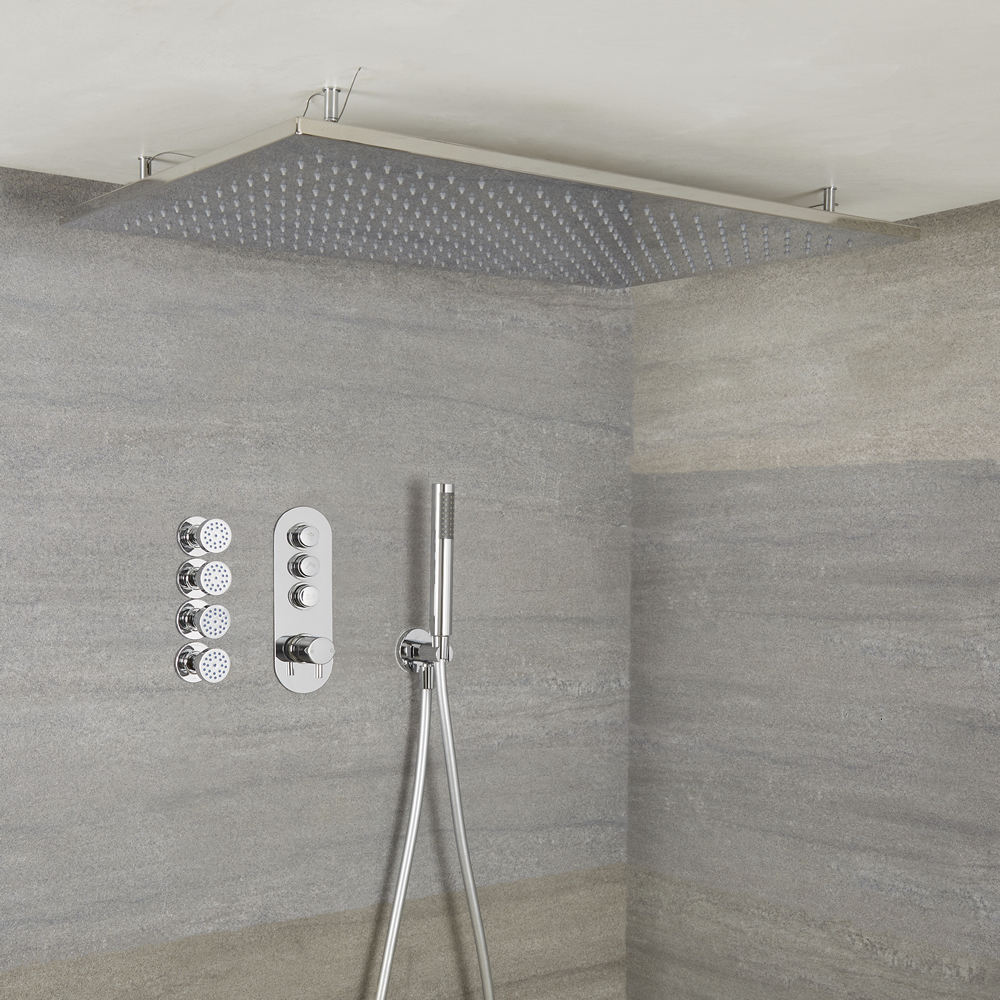 Idro 3-weg Thermostatische Drukknop Douchekraan Handdouchecombi & 80cm Verzonken Plafond Douchekop & Zijdouches