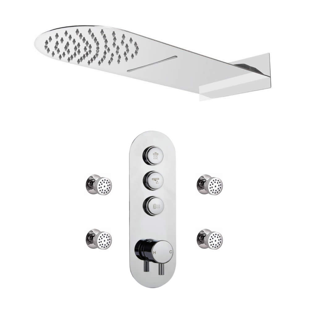 Idro 3-weg Thermostatische Drukknop Douchekraan Met Waterval & Regendouchekop Combinatie & Bodyjets