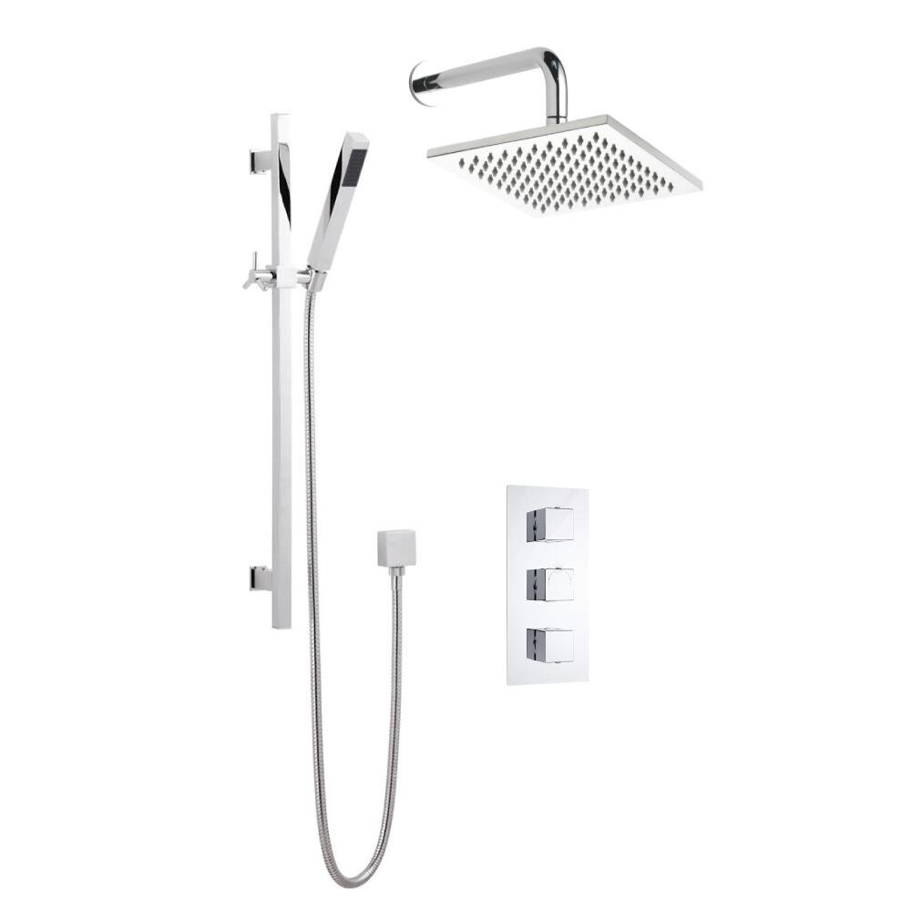 Hudson Reed vierkante 3 weg thermostatische douchekraan, 200mm douchekop, wandbevestiging en glijstang