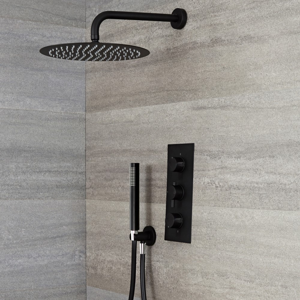 Nox 2-weg Thermostatische Douchekraan Met Omstelkraan & Incl. d.30cm Ronde Douchekop & Handdouche Combi. Zwart