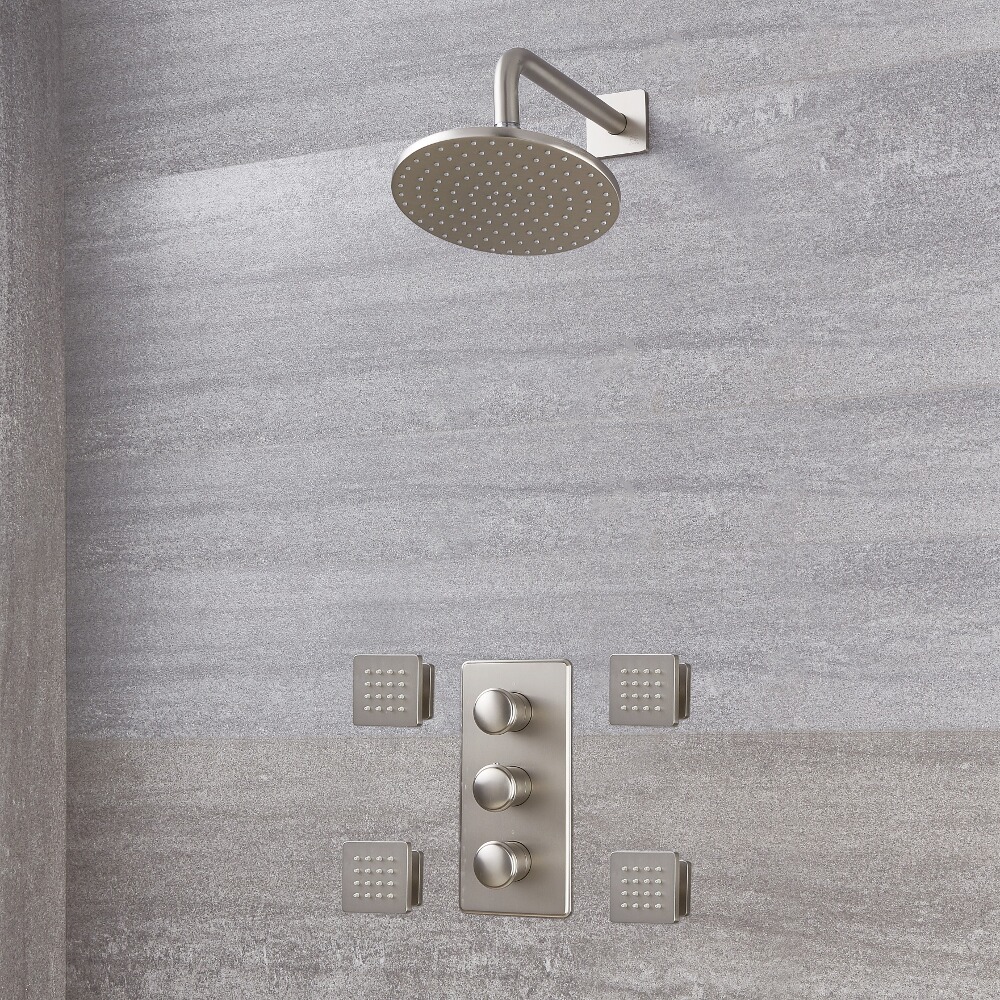 Aldwick 2-weg Thermostatische Douchekraan & Ronde Kop d.20cm & Bodyjets - Geborsteld Nikkel