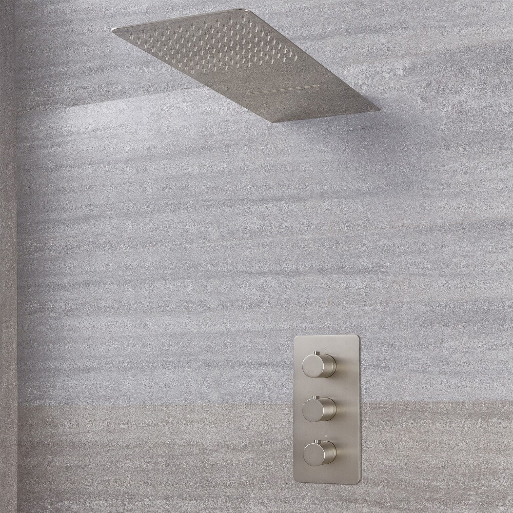 Harting 2-weg Thermostatische Douchekraan & Regen/Waterval Douchekop - Geborsteld Nikkel