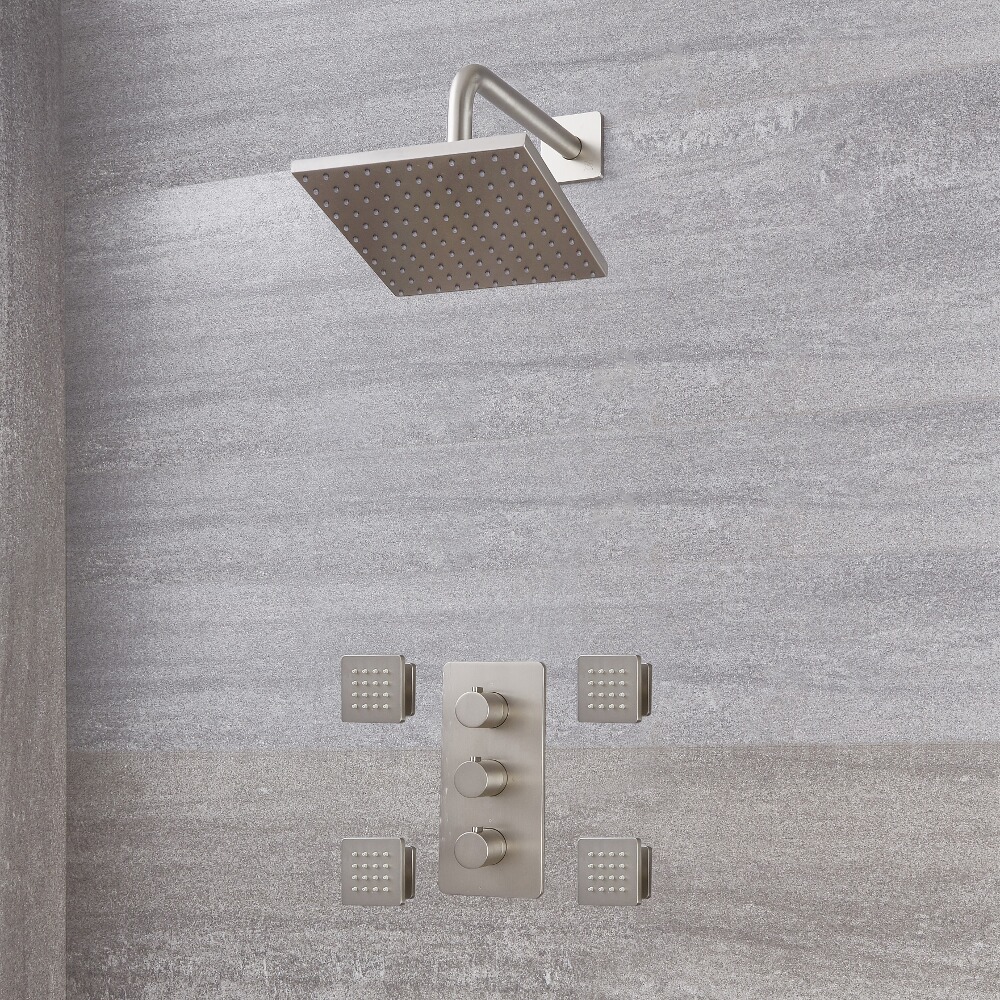 Harting 3-weg Thermostatische Douchekraan & Douchekop Vierkant 20x20cm & Bodyjets - Geborsteld Nikkel