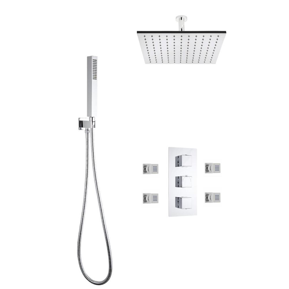 Arvo 3-weg Inbouw Thermostaatkraan met Plafond Douchekop Rond, Handdouche Combi & 4 Bodyjets