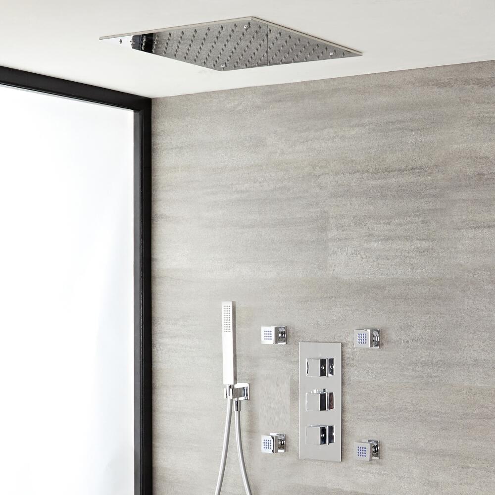 Vierkante Thermostatische Douchekraan, 40cm Inbouw Douchekop, Handdouche & Bodyjets