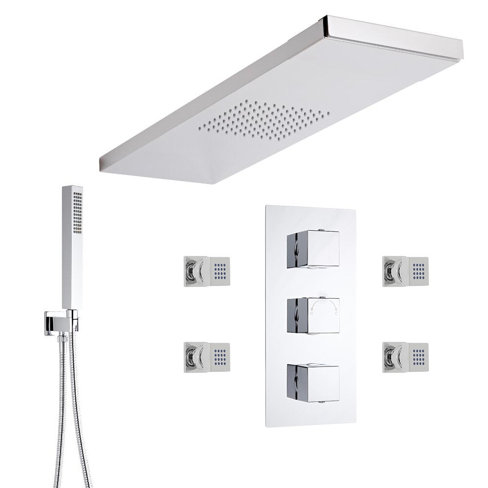 Hudson Reed vierkante 3 weg thermostatische douchekraan, hemeldouche, handdouche en bodyjets
