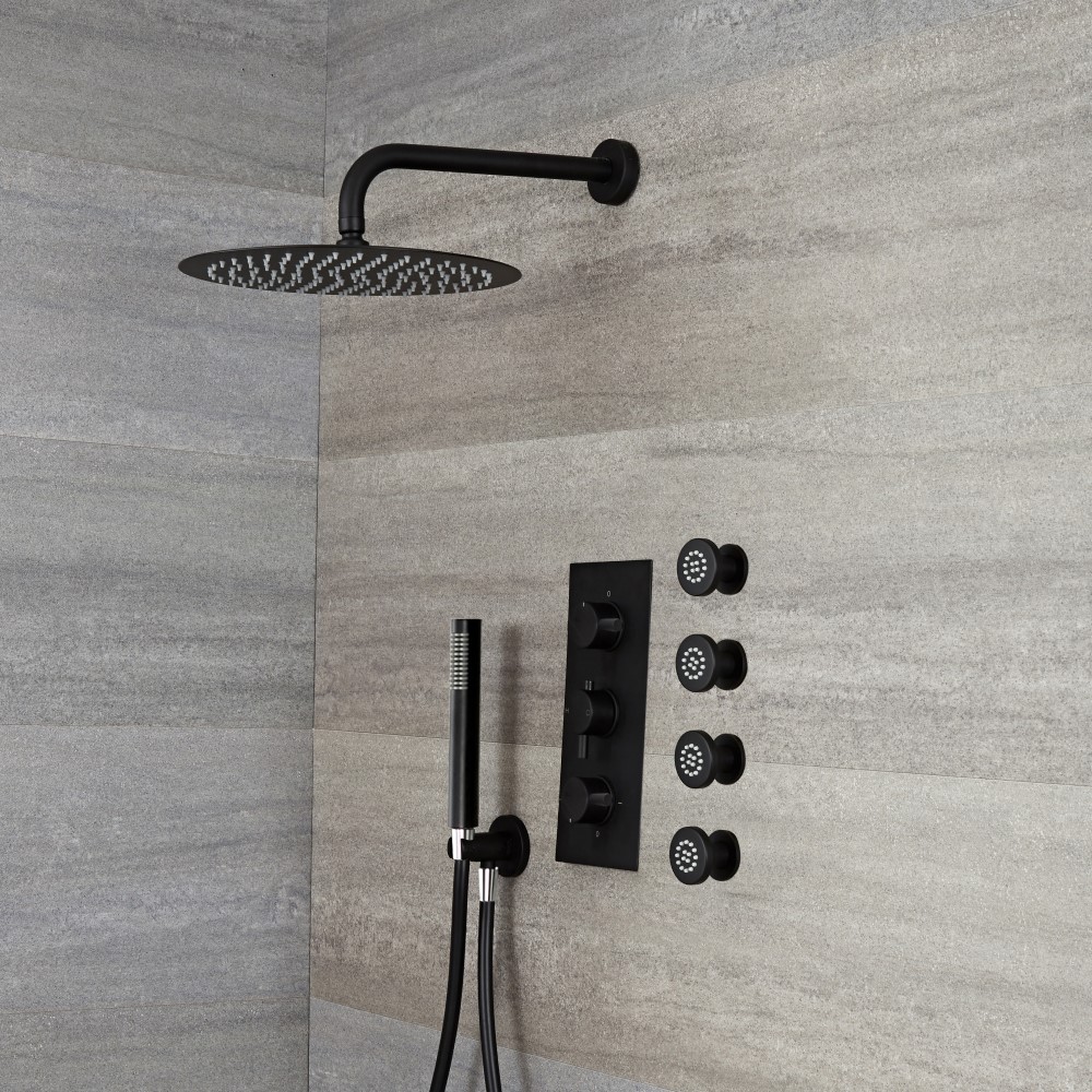 Nox 3-weg Thermostatische Douchekraan Met Omstelkraan & d.30cm Douchekop, Handdouche Combi en 4 x Zijdouches Zwart