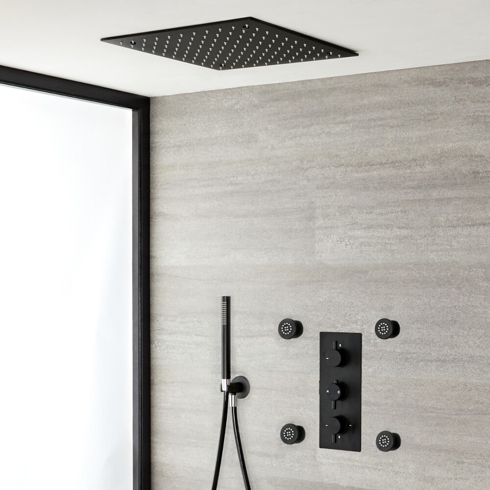 3-weg Thermostatische Inbouwdouchekraan Met Omstel + Handdouche Combi + 4 Zijdouches + Verzonken Plafond Douchekop 40x40cm RVS Mat Zwart - Nox