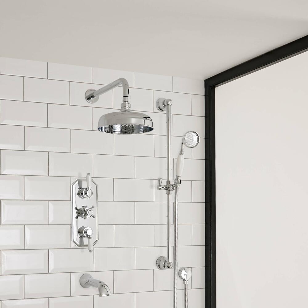Traditionele Thermostatische Douchekraan, 15cm Douchekop, Wand bevestiging, Glijstangset & Badkraan