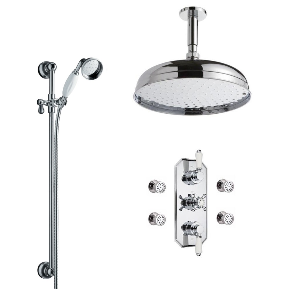 Hudson Reed traditionele thermostatische douchekraan, 300mm douchekop, plafondbevestiging, glijstangset en bodyjets