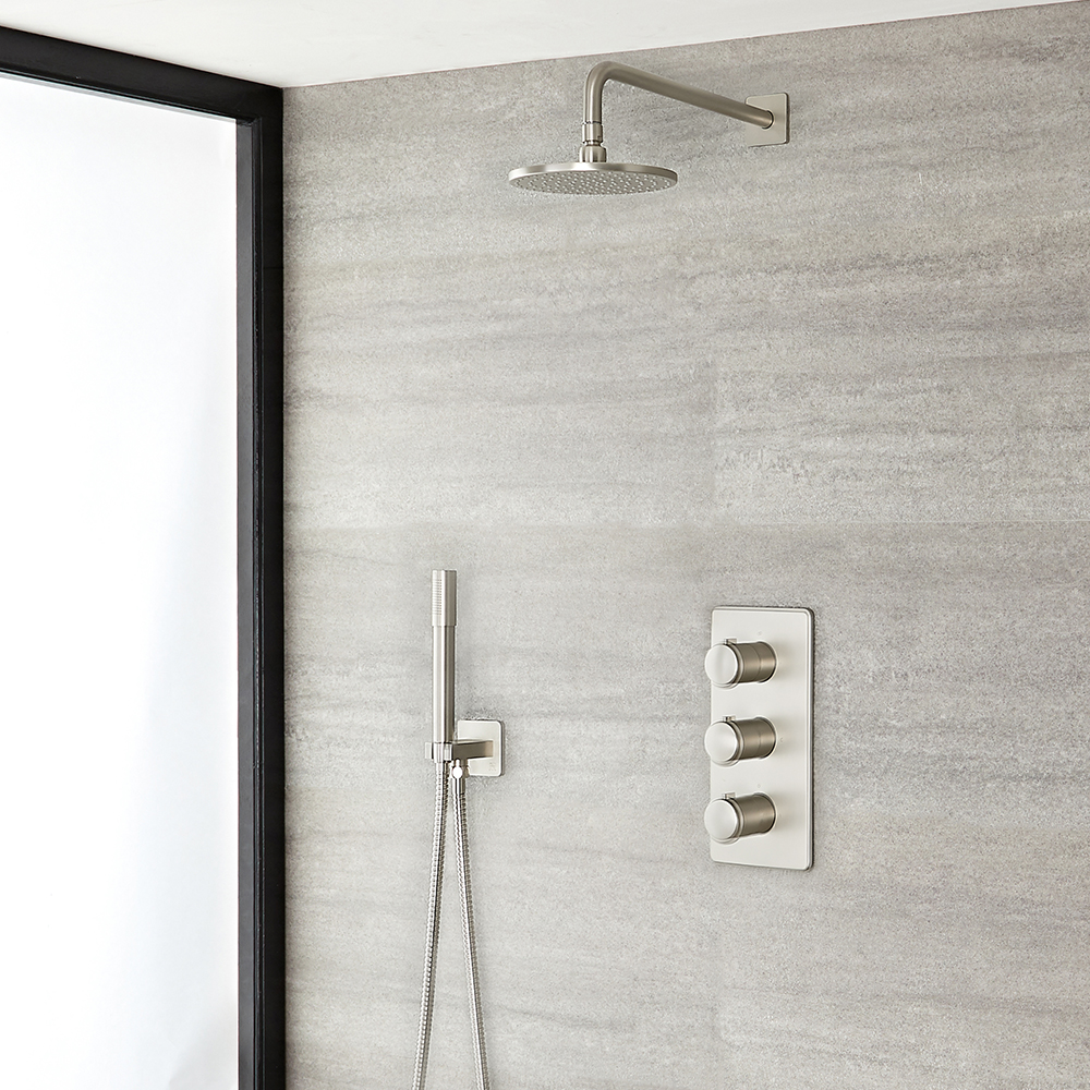 Aldwick 2-weg Thermostatische Douchekraan & Douchekop d.20cm & Handdouche Combi - Geborsteld Nikkel