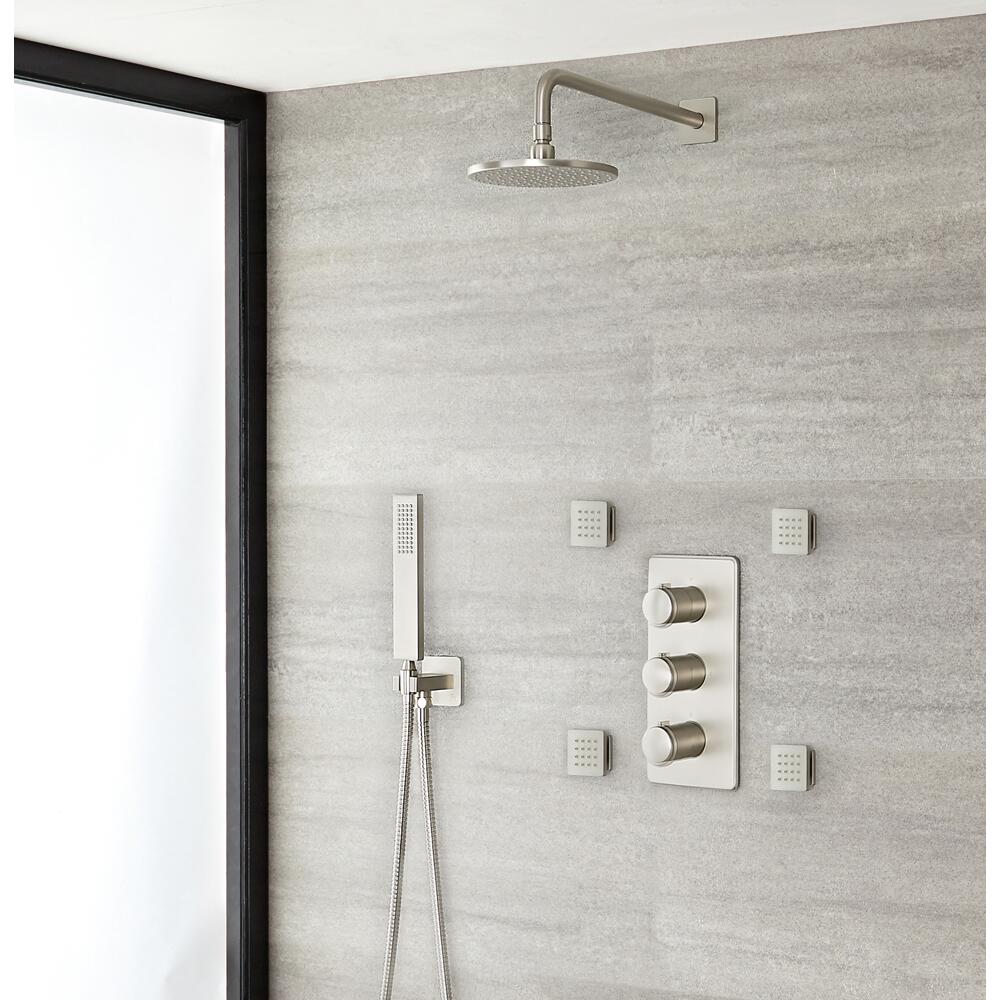 Aldwick 3-weg Thermostaatkraan meyt Omstel Douchekop d.20cm & Handdouche & Zijdouches - Geborsteld Nikkel