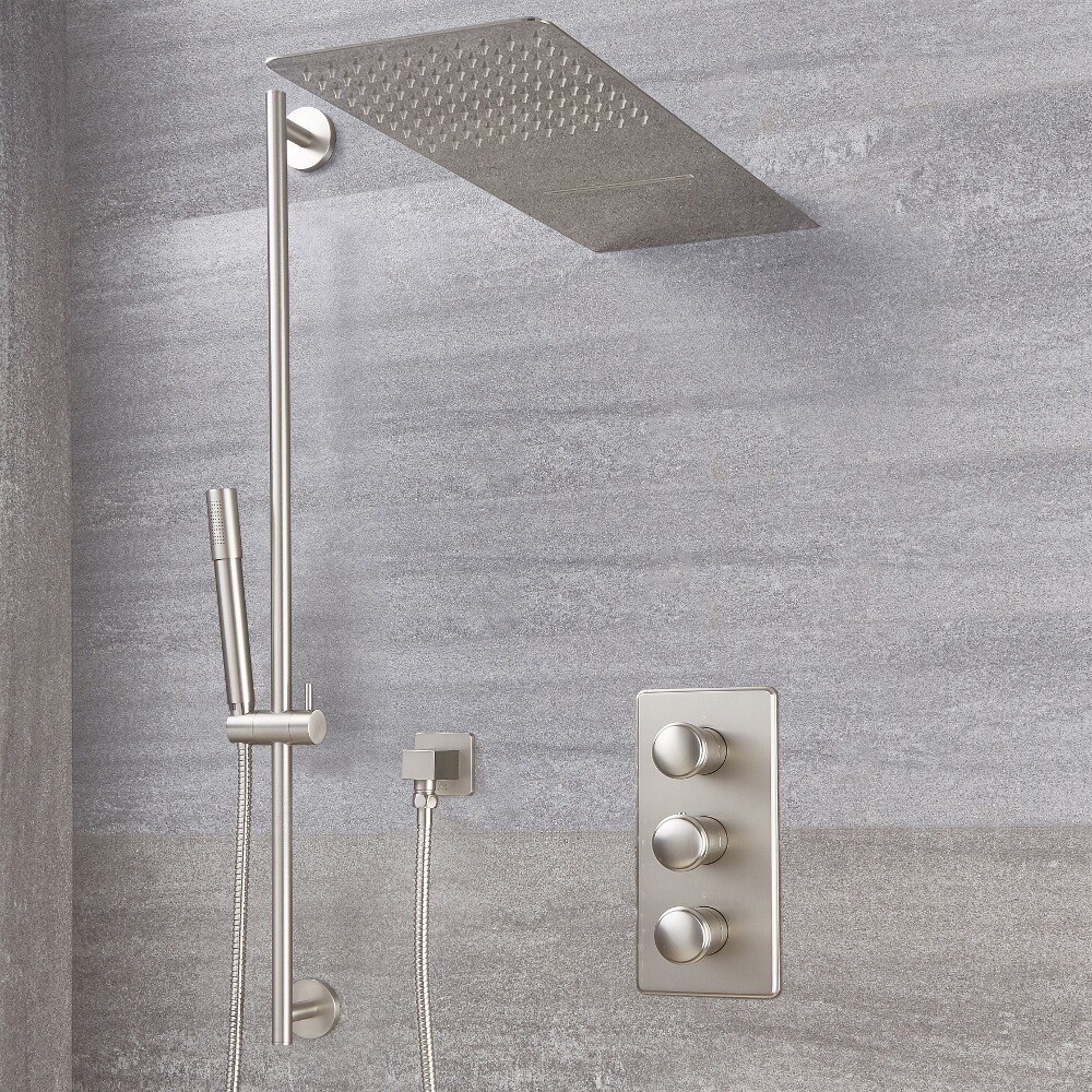 Aldwick 3-wegThermostatische Douchekraan met Omstel & Regen/Waterval Douchekop & Glijstang Set - Geborsteld Nikkel