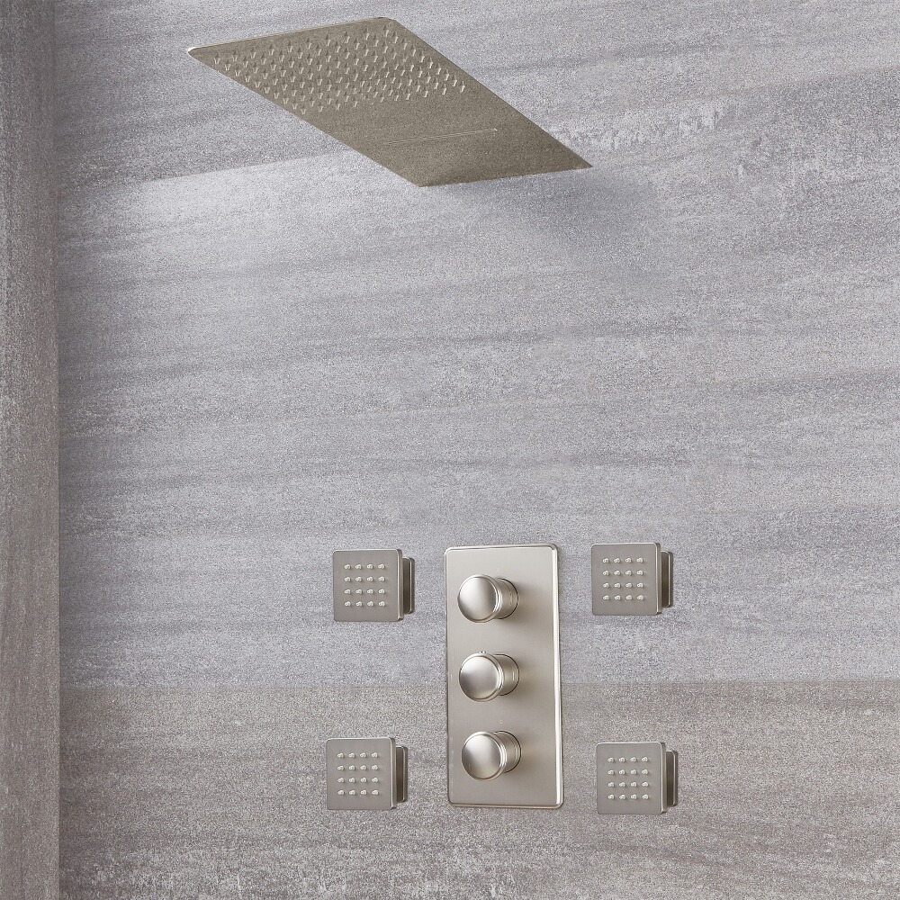 Aldwick 3-weg Thermostatische Douchekraan & Regen/Waterval Douchekop & 4 Bodyjets - Geborsteld Nikkel