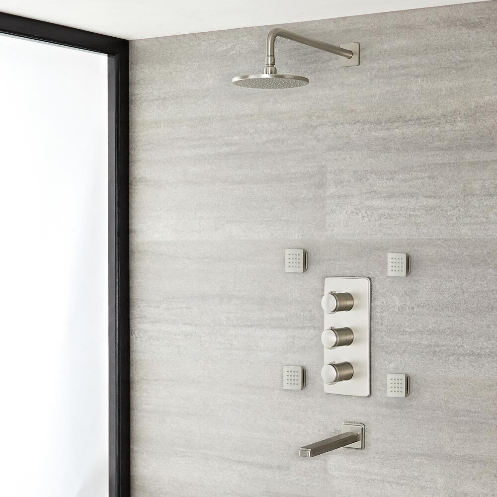 Doucheset 3-Weg Inbouw Thermostatisch Douchekop d.30cm Baduitloop 4 Zijdouches Geborsteld Nikkel | Aldwick