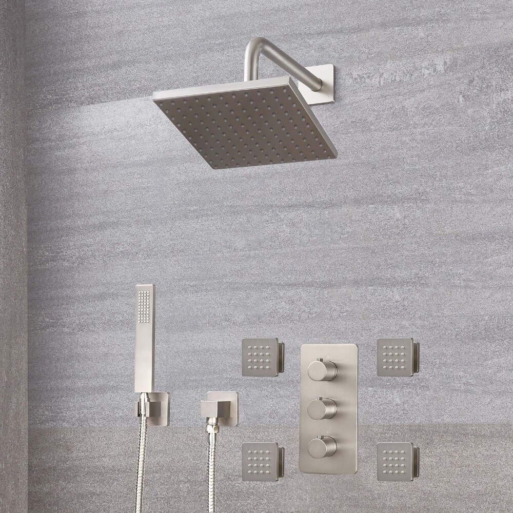 Harting 3-weg Thermostatische Douchekraan met Omstel & Vierkante Douchekop & Handdouche & Bodyjets - Geborsteld Nikkel