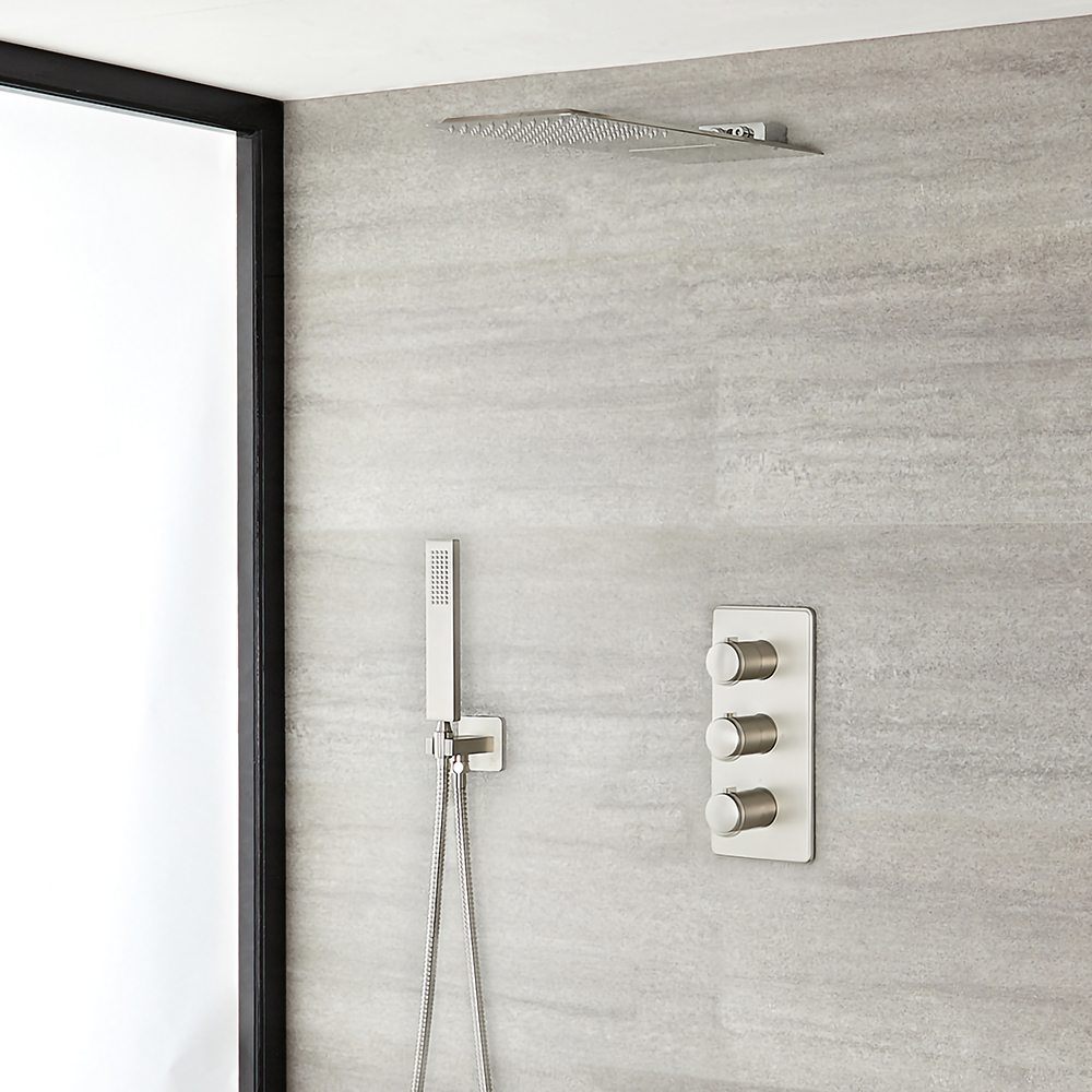 Harting 3-weg Thermostatische Douchekraan Met Omstel & Regen/Waterval Douchekop & Vierkante Handdouche - Geborsteld Nikkel