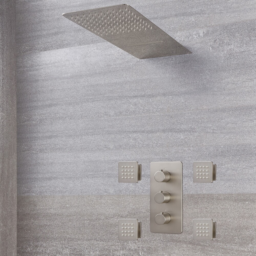 Harting 3-weg Thermostatische Douchekraan met Omstel & Regen/Waterval Douchekop & 4 Bodyjets - Geborsteld Nikkel