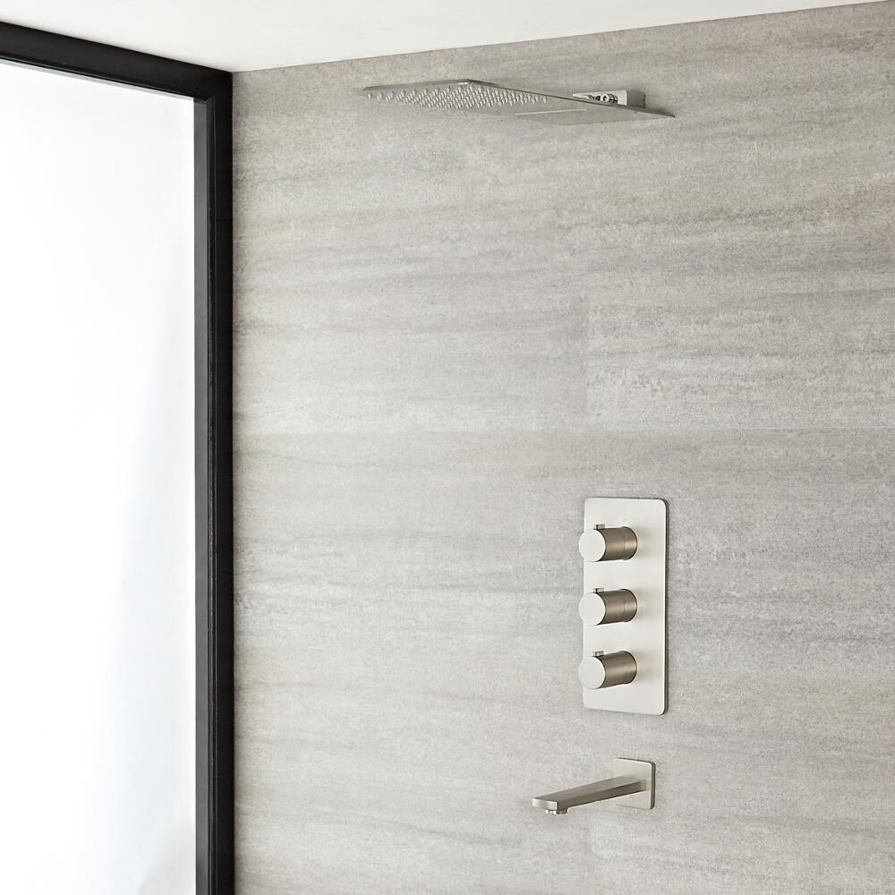 Doucheset 3-Weg Inbouw Thermostatisch Douchekop met Waterval 20 x 50cm Baduitloop Geborsteld Nikkel | Harting