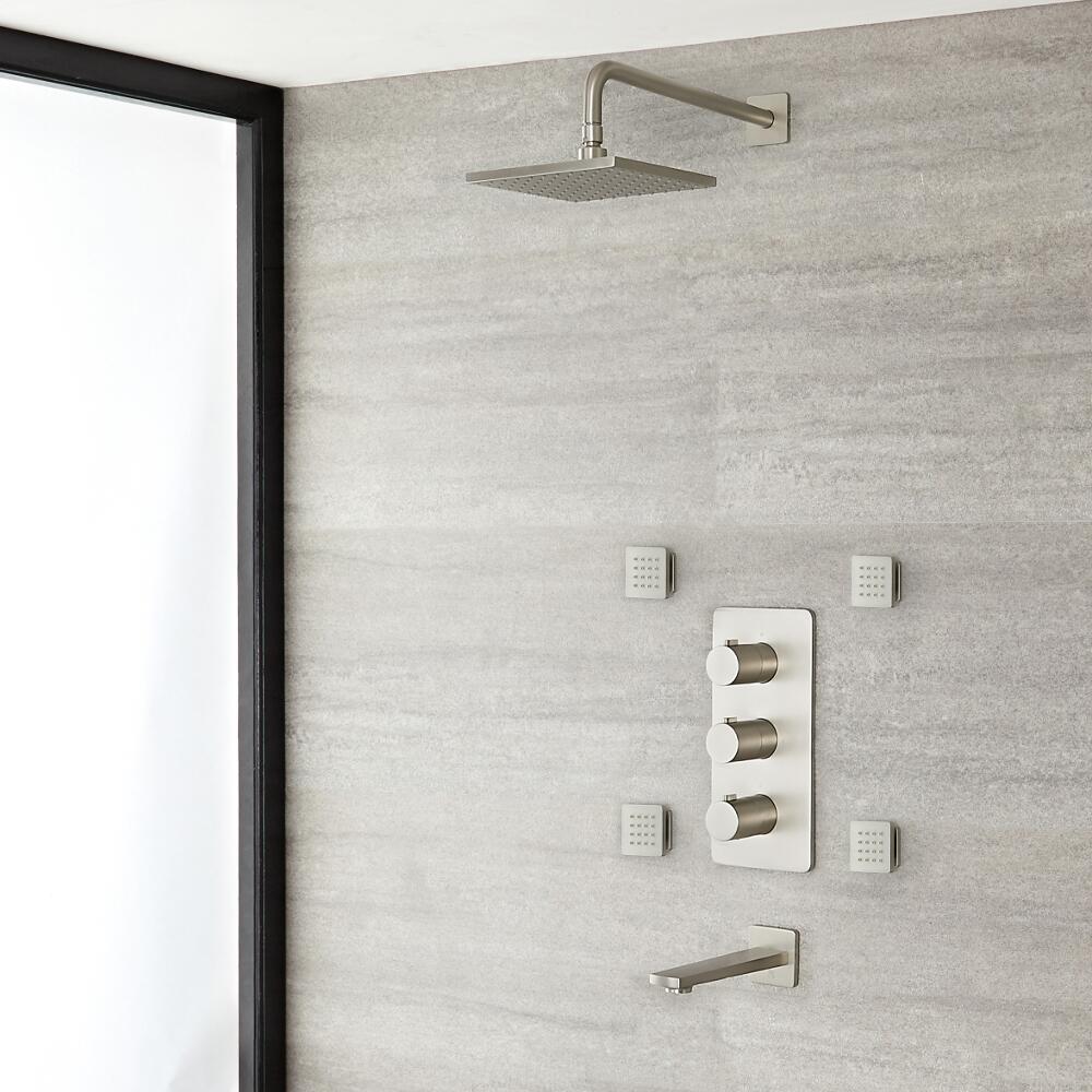 Doucheset 3-Weg Inbouw Thermostatisch Douchekop Vierkant 30 x 30cm Baduitloop 4 Zijdouches Geborsteld Nikkel | Harting