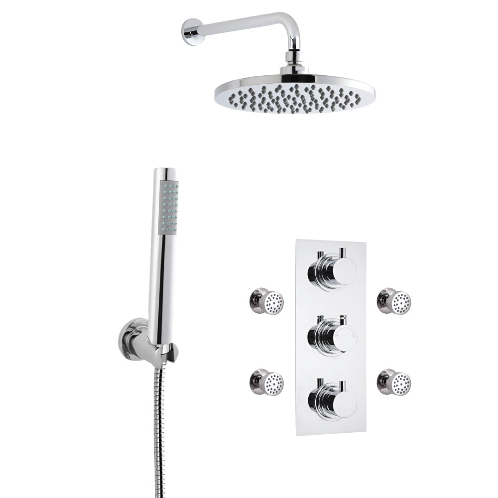 3-weg Inbouw Thermostaatkraan Rond met Omstel, d.30cm Regendouchekop, Handdouchecombinatie & Bodyjets